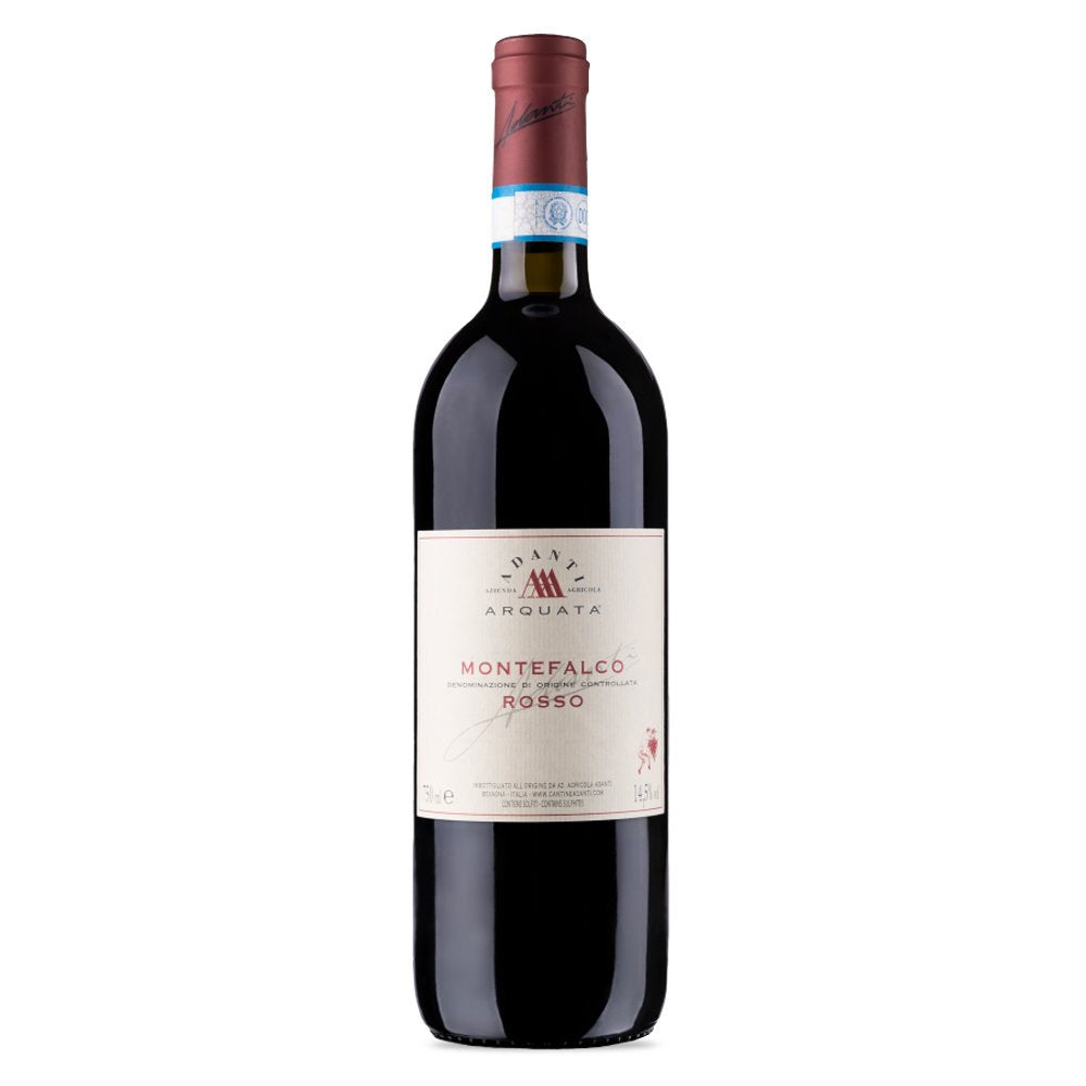 Bottiglia di vino rosso Montefalco Rosso, forma cilindrica, etichetta chiara con dettagli rossi e blu, ambientazione neutra.