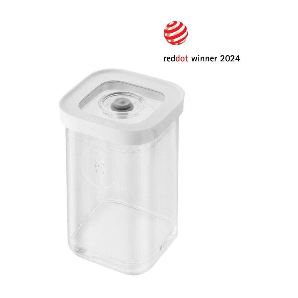 Contenitore trasparente con coperchio bianco, forma rettangolare, con chiusura ermetica e logo "reddot winner 2024" in alto a destra.