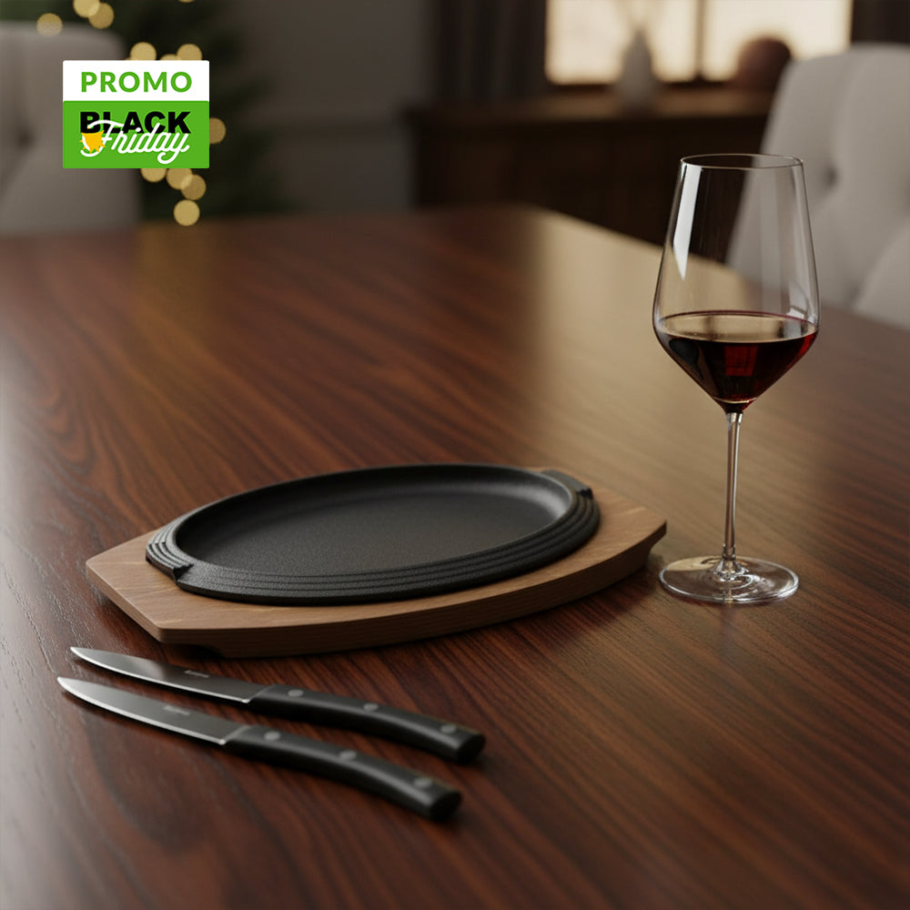 Steakmesser-Set + Gusseisenteller + Rotweinglas