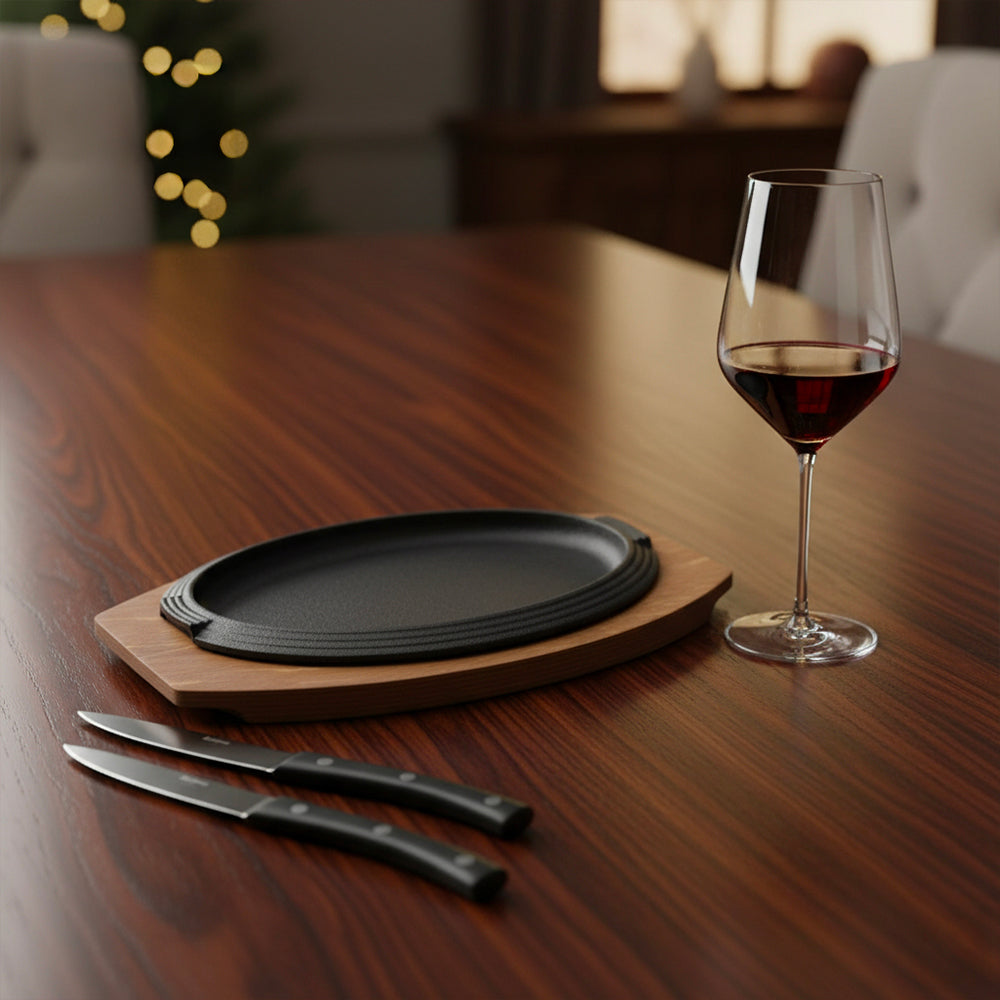 Set de Couteaux à Steak + Assiette en Fonte + Verre à Vin Rouge