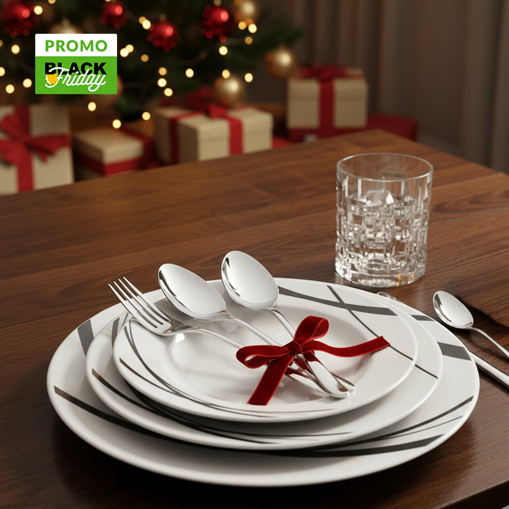 Porzellan-Tafelservice + Besteckset aus Edelstahl + Wassergläser-Set