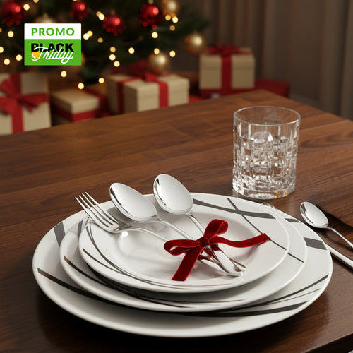 Porzellan-Tafelservice + Besteckset aus Edelstahl + Wassergläser-Set