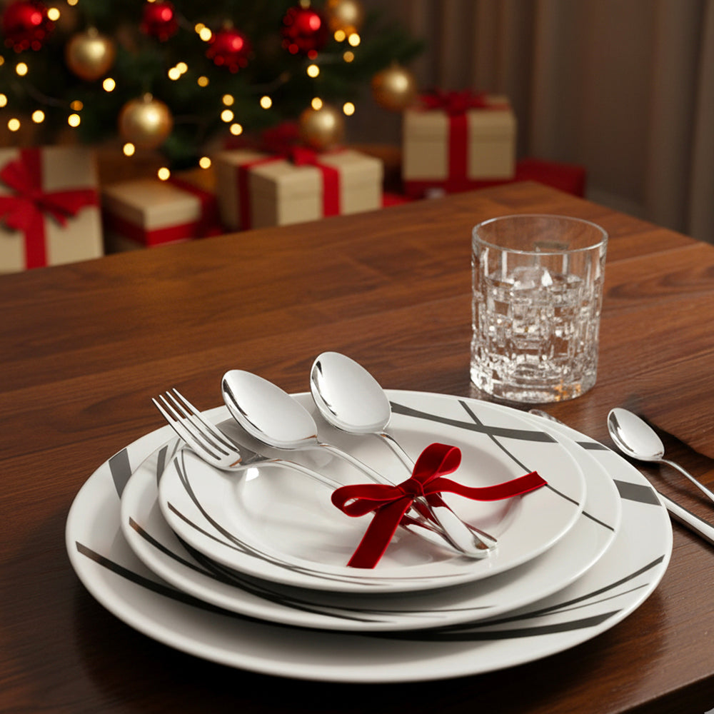 Service de Table en Porcelaine + Couverts en Acier Inoxydable + Verres à Eau