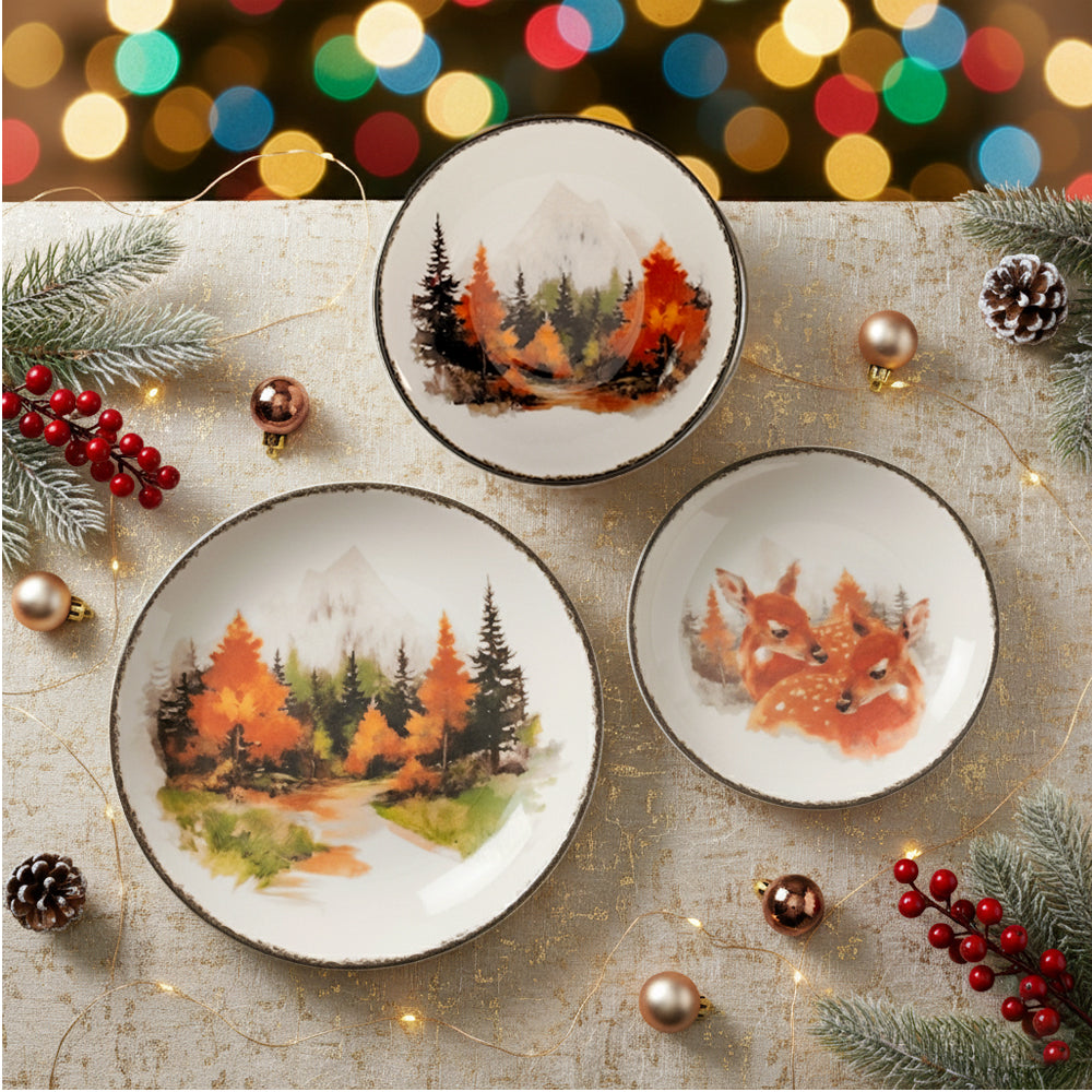 H&H Golden Woods Servizio Piatti Decoro Natalizio In Stoneware Set 18 Pz