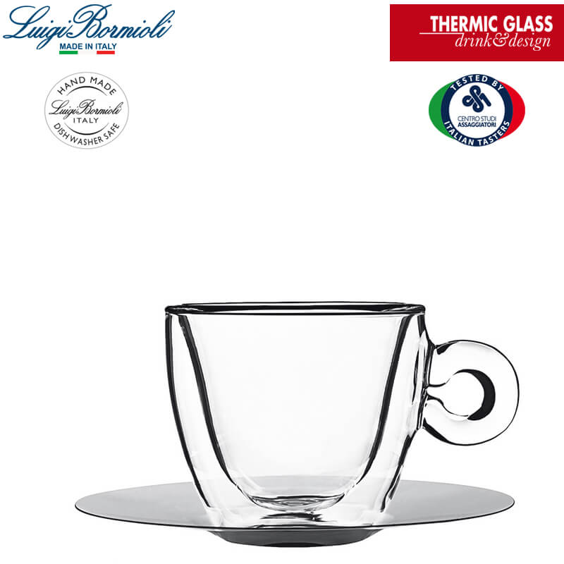 16 5 Cl Bormioli Luigi Thermic Glass Tazza Cappuccino Doppia Parete Con Piattino In Acciaio Set 2 Pz