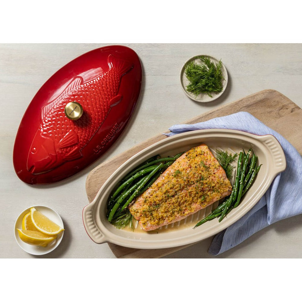 34 cm - Le Creuset Tradition Pesciera Ovale Con Coperchio In Gres Vetrificato