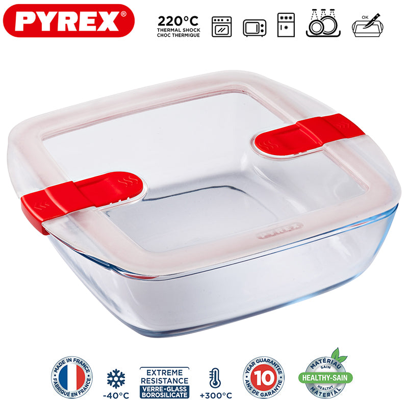 Pyrex Cook And Heatcontenitore Per Alimenti Quadrato In Vetro Borosilicato Con Coperchio Con Valvola A Vapore