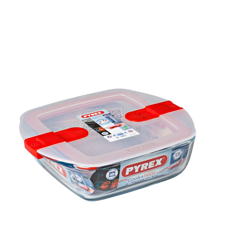 Pyrex Cook And Heatcontenitore Per Alimenti Quadrato In Vetro Borosilicato Con Coperchio Con Valvola A Vapore