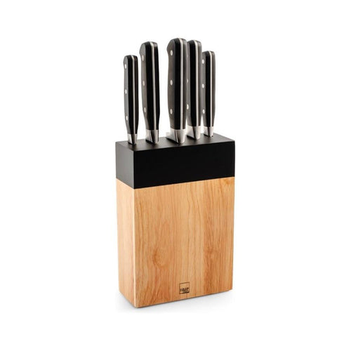H&H Set Coltelli Cucina In Acciaio Inox Con Ceppo In Legno Set 5 Pz