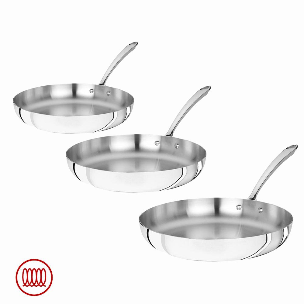 Agnelli Alu-Inox 3-Ply Set Padelle Basse Induzione Con Manico 1907 Inox In Aluinox Cromate Set 3 Pz