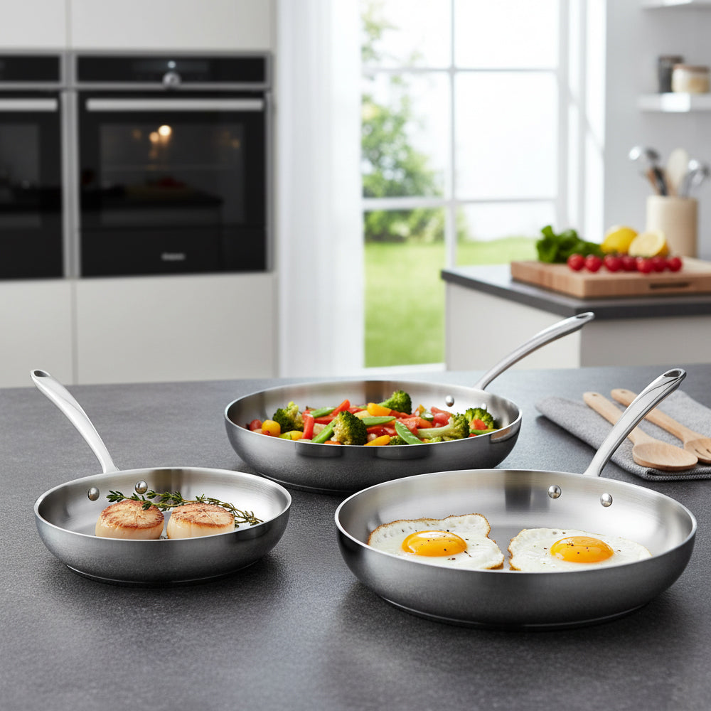 Agnelli Alu-Inox 3-Ply Set Padelle Basse Induzione Con Manico 1907 Inox In Aluinox Cromate Set 3 Pz