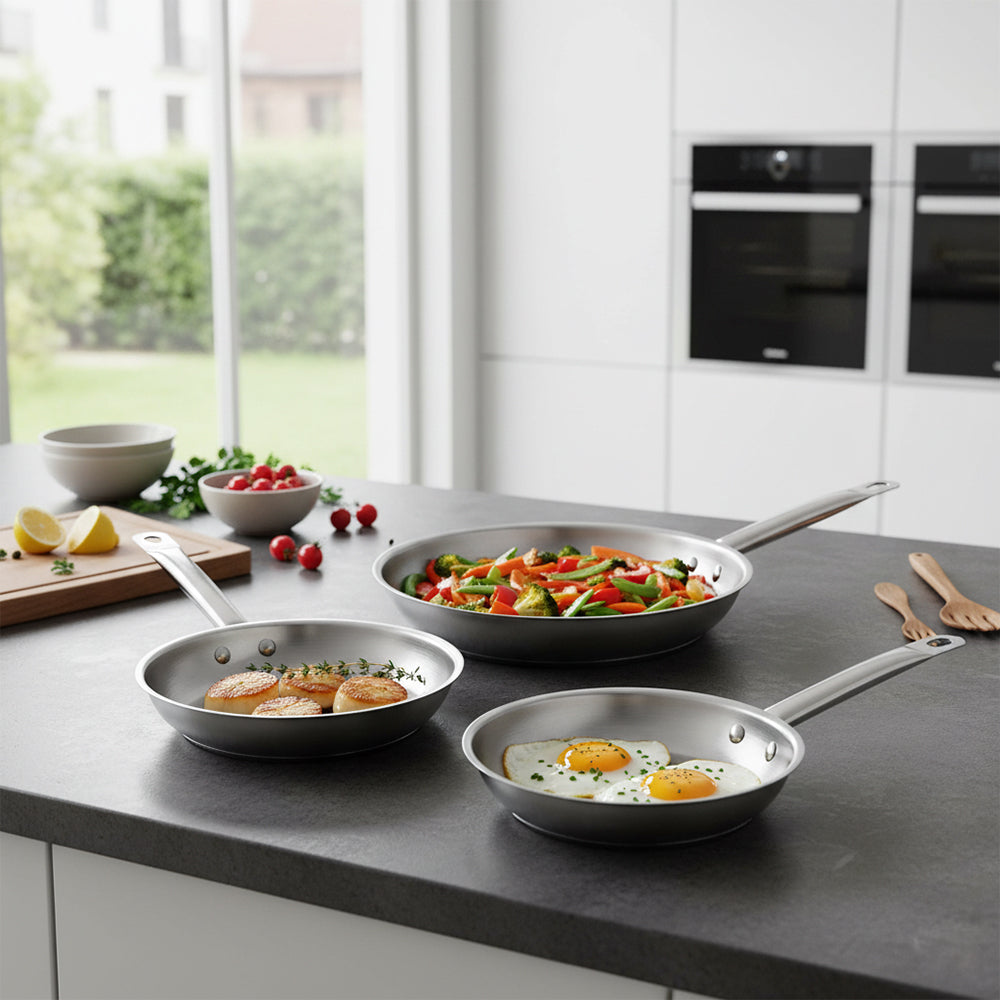 Agnelli Acciaio Inox Set Padelle Basse Induzione Con Manico Tubolare Set 3 Pz