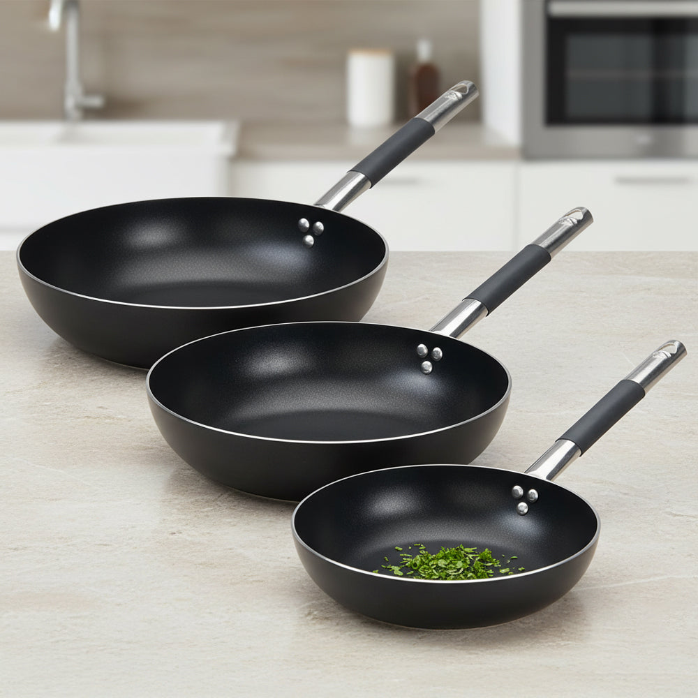 Alblack 3 mm Tris Padelle Alte Svasate Antiaderenti In Alluminio Con Manico Cool Inox - Set 3 Pz