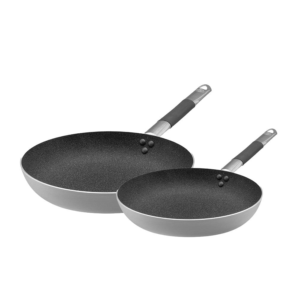 24-28 cm - Agnelli Sharkskin Set Padelle Basse Svasate In Alluminio Antiaderenti Con Manici In Acciaio Inox Cool - Set 2 Pz