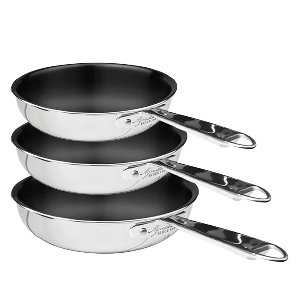 28-24-20 cm - Agnelli Alu-Inox Non-Stick Tris Padelle Alte Svasate Antiaderenti In Alluminio Con Manico Acciaio Inox - Set 3 Pz