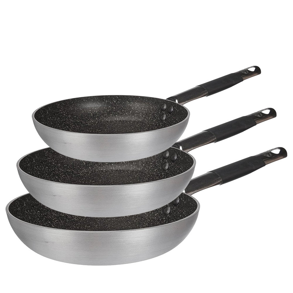 28-24-20 cm - Agnelli Effetto Pietra Tris Padelle Basse Svasate Antiaderenti In Alluminio Con Manico Cool Inox - Set 3 Pz