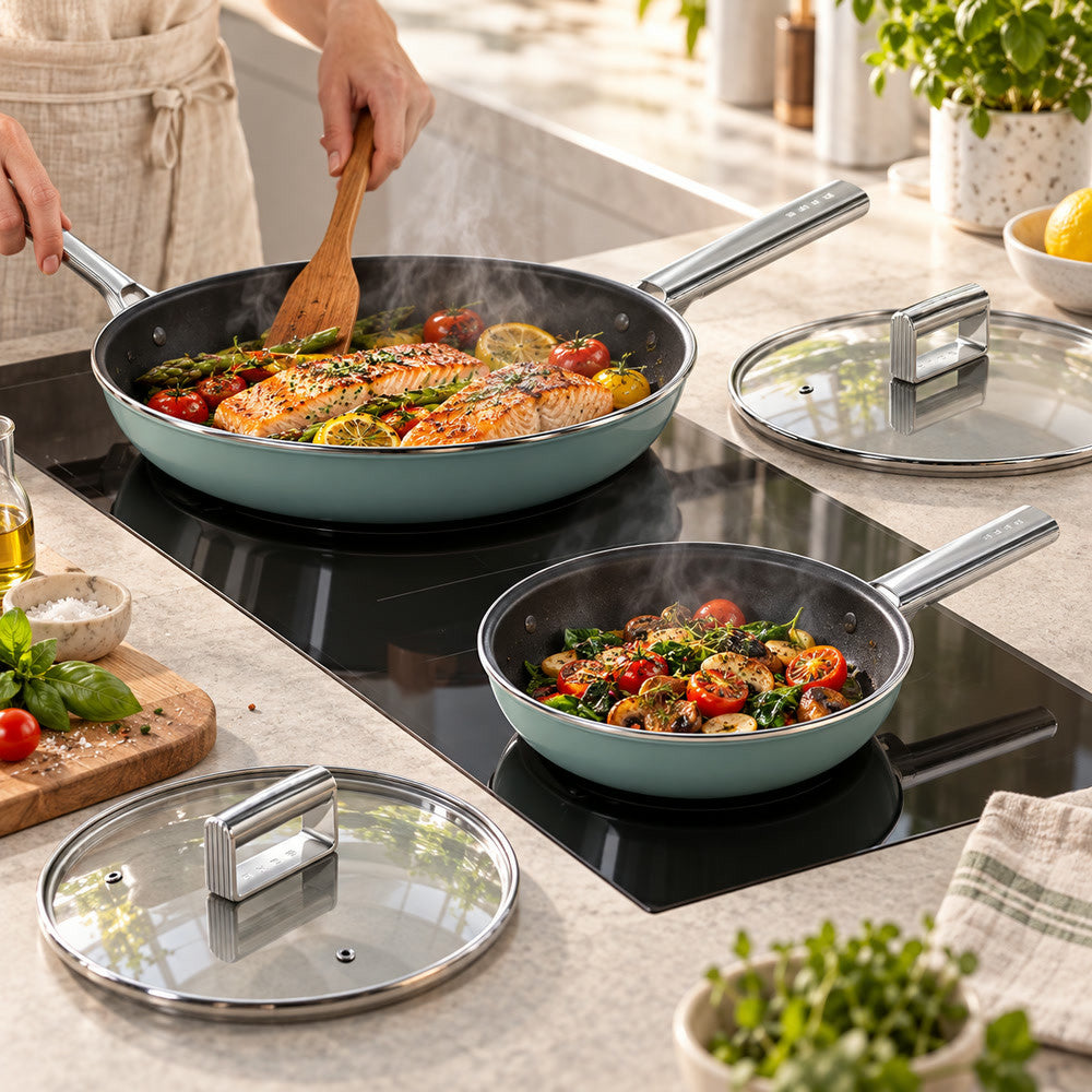 20-28 cm - Smeg Cookware Set Padelle Basse Rivestimento Ceramico In Alluminio - Set 2 Pz