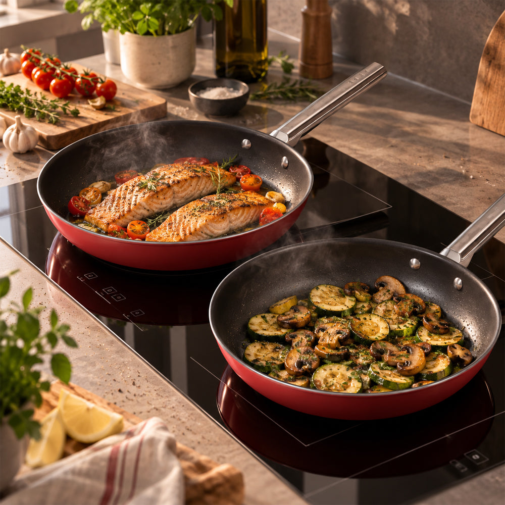 26-28 cm - Cookware 50's Style Set Padelle Basse Antiaderenti In Alluminio Con Manico In Acciaio Inox