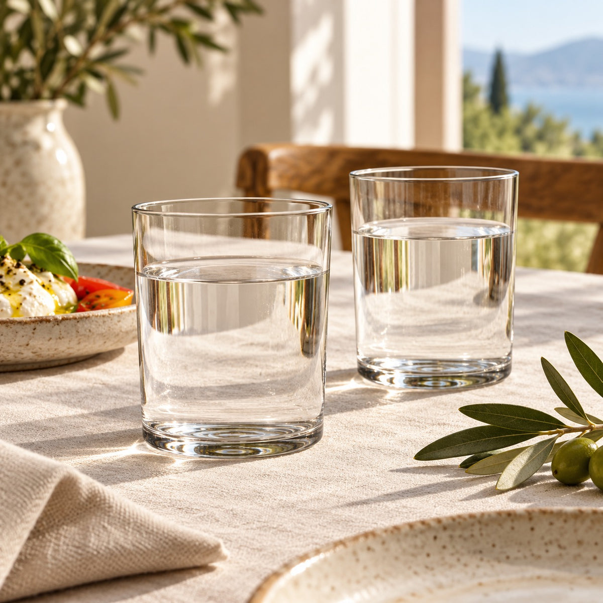 bicchiere trasparente cilindrico di vetro contenente acqua, su sfondo bianco uniforme