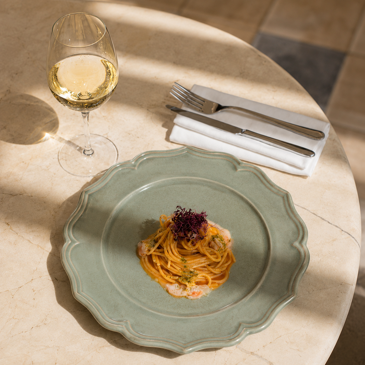 Piatto di pasta con salsa, erba cipollina e gamberi su un piatto verde ondulato, accanto a un bicchiere di vino bianco e posate.