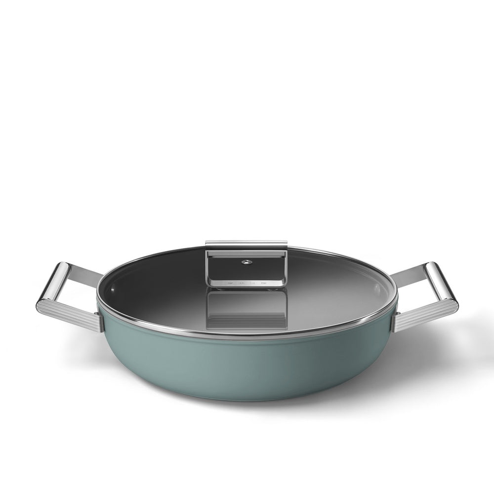 28 cm - Smeg Cookware Tegame Basso Antiaderente Ceramico In Alluminio Con Coperchio