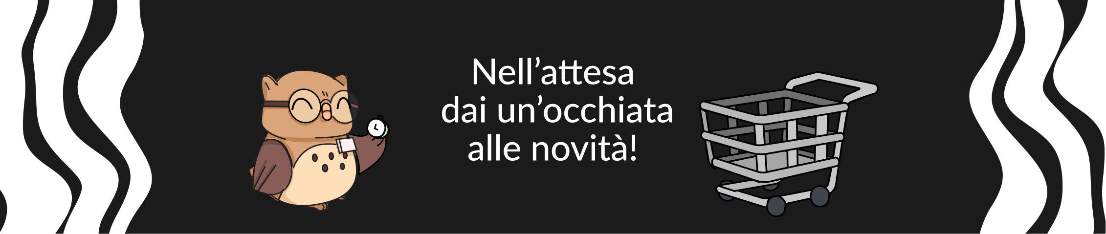 Gufo cartone animato con occhiali e orologio accanto a un carrello della spesa su sfondo scuro. Testo informativo a fianco.
