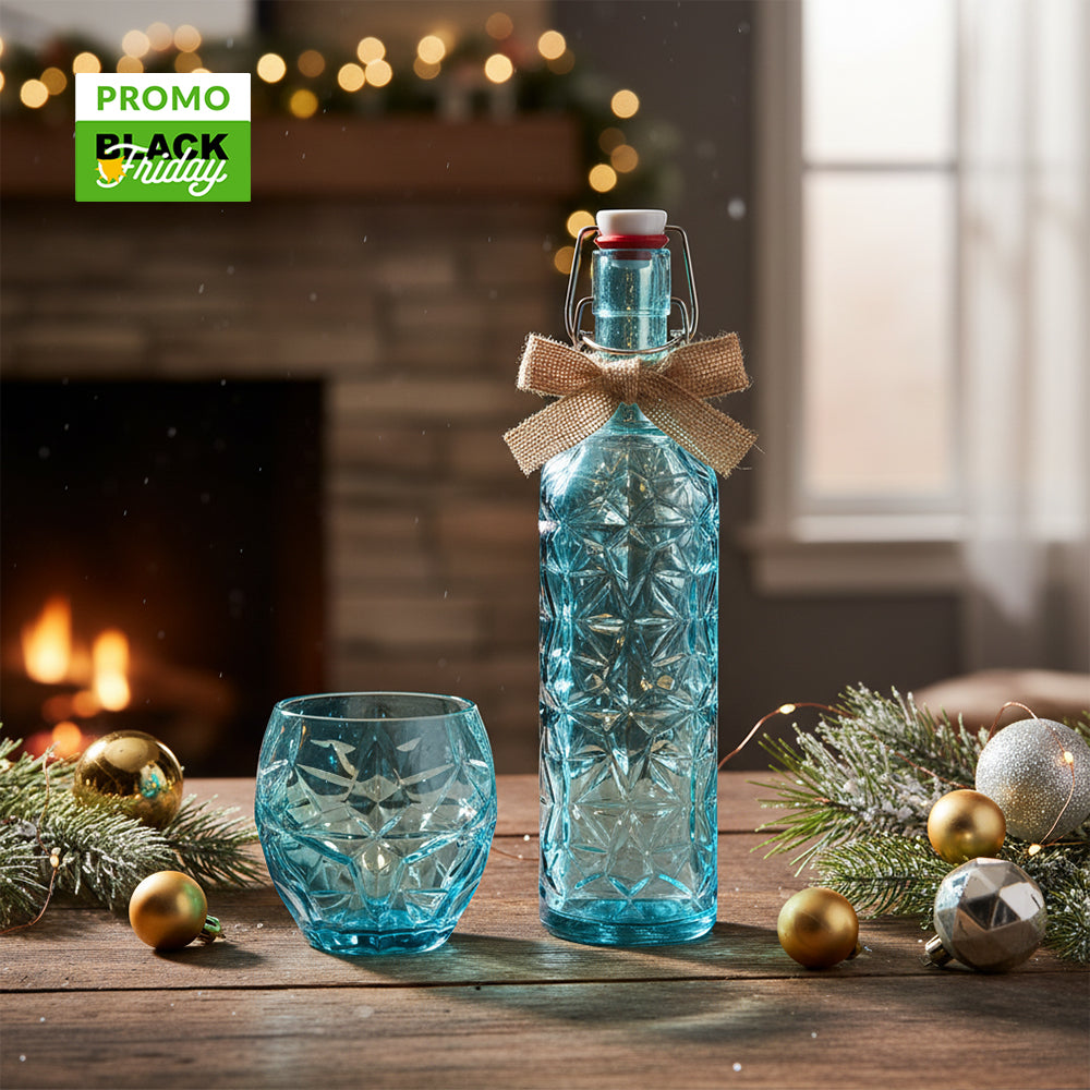 Set de Verres à Eau (Bleu) + Bouteille en Verre (Bleu Clair) Oriente