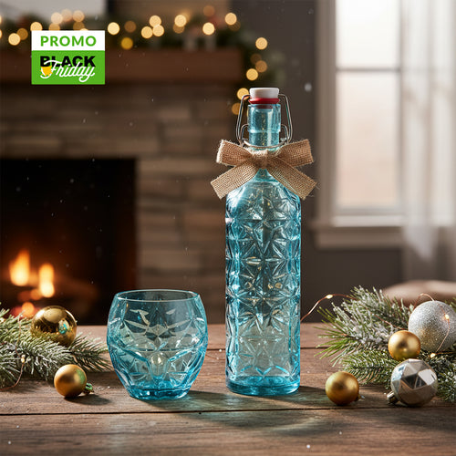 Set de Verres à Eau (Bleu) + Bouteille en Verre (Bleu Clair) Oriente