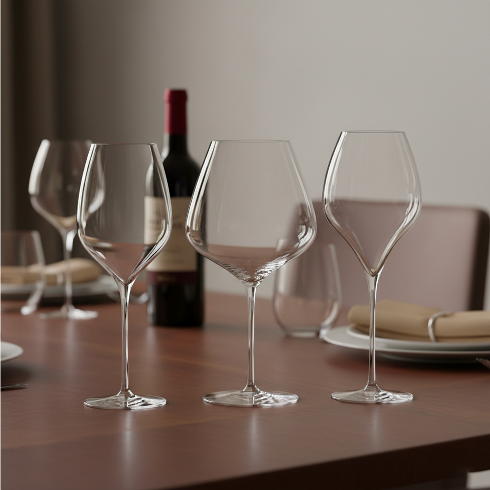 Tre calici di vetro trasparente con steli sottili di forma diversa su tavolo di legno con bottiglia di vino rossa e tavola apparecchiata sullo sfondo.
