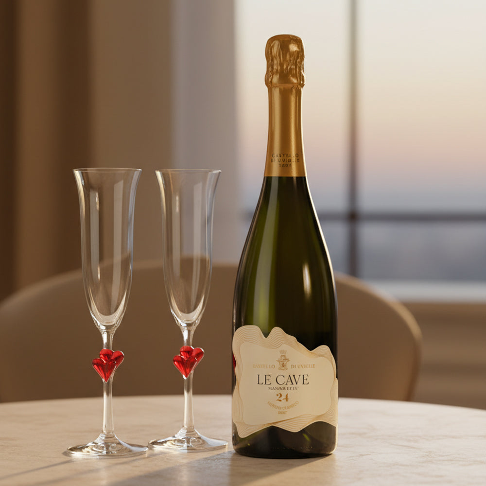 Le Cave Mandoletta Brut Metodo Classico Piemonte DOC 2020 Castello di Uviglie + 2 Calici Flute L’Amour 17,5 cl