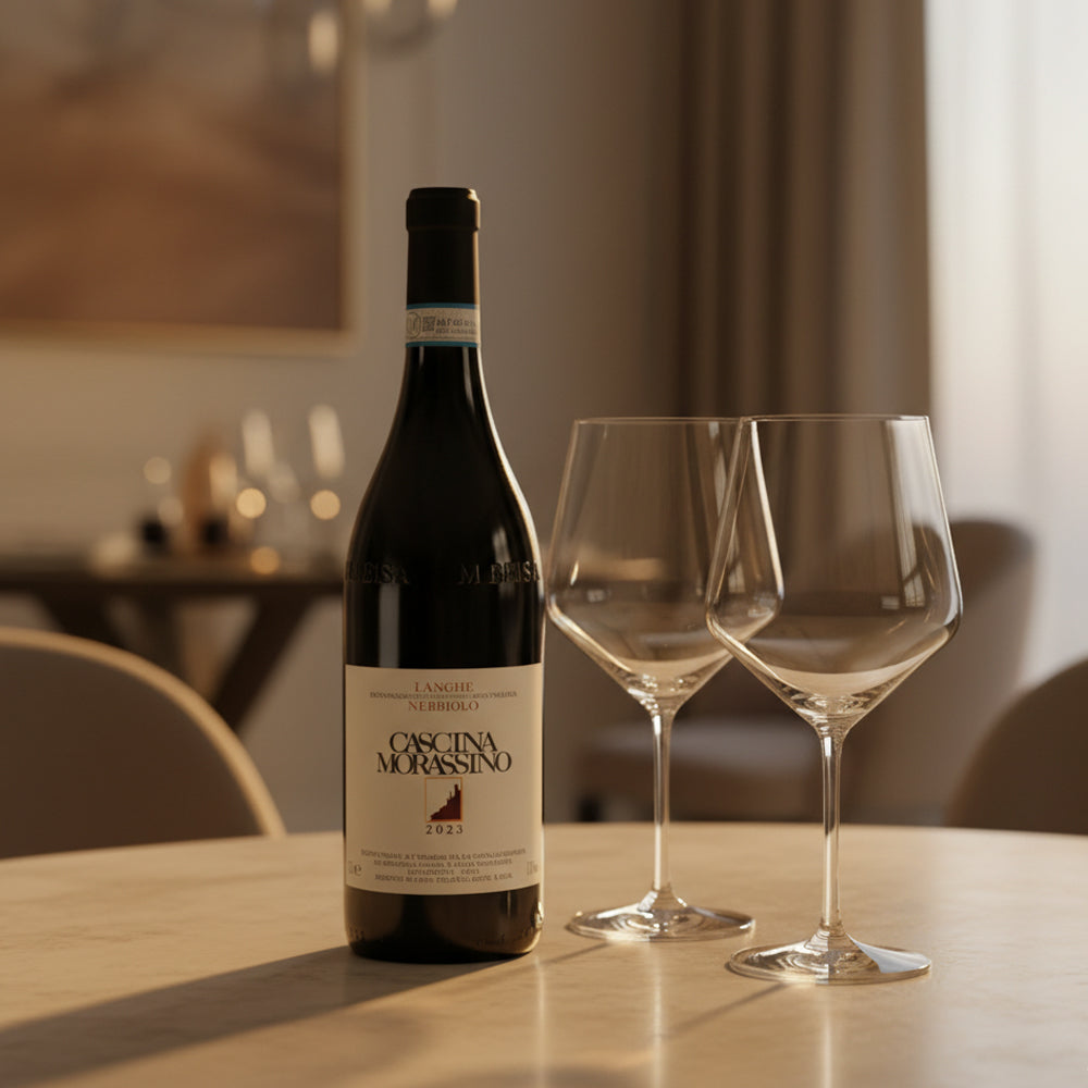 Nebbiolo Langhe DOC 2023 Cascina Morassino + 6 Glazen Burgundy Harmony 72,4 cl