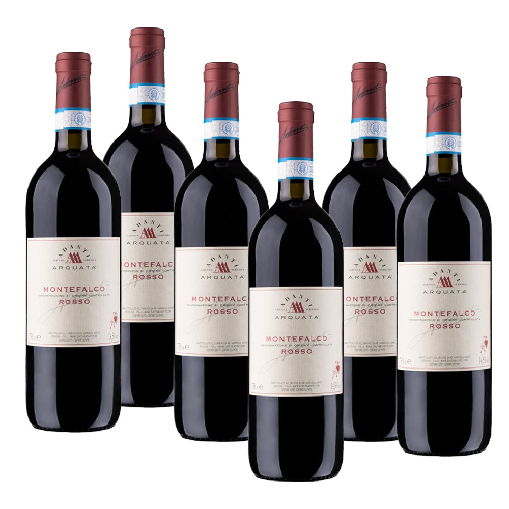 Sei bottiglie di vino rosso Montefalco, con etichetta bianca e rossa, sono disposte in fila. Tappi color bruno e dettagli blu.