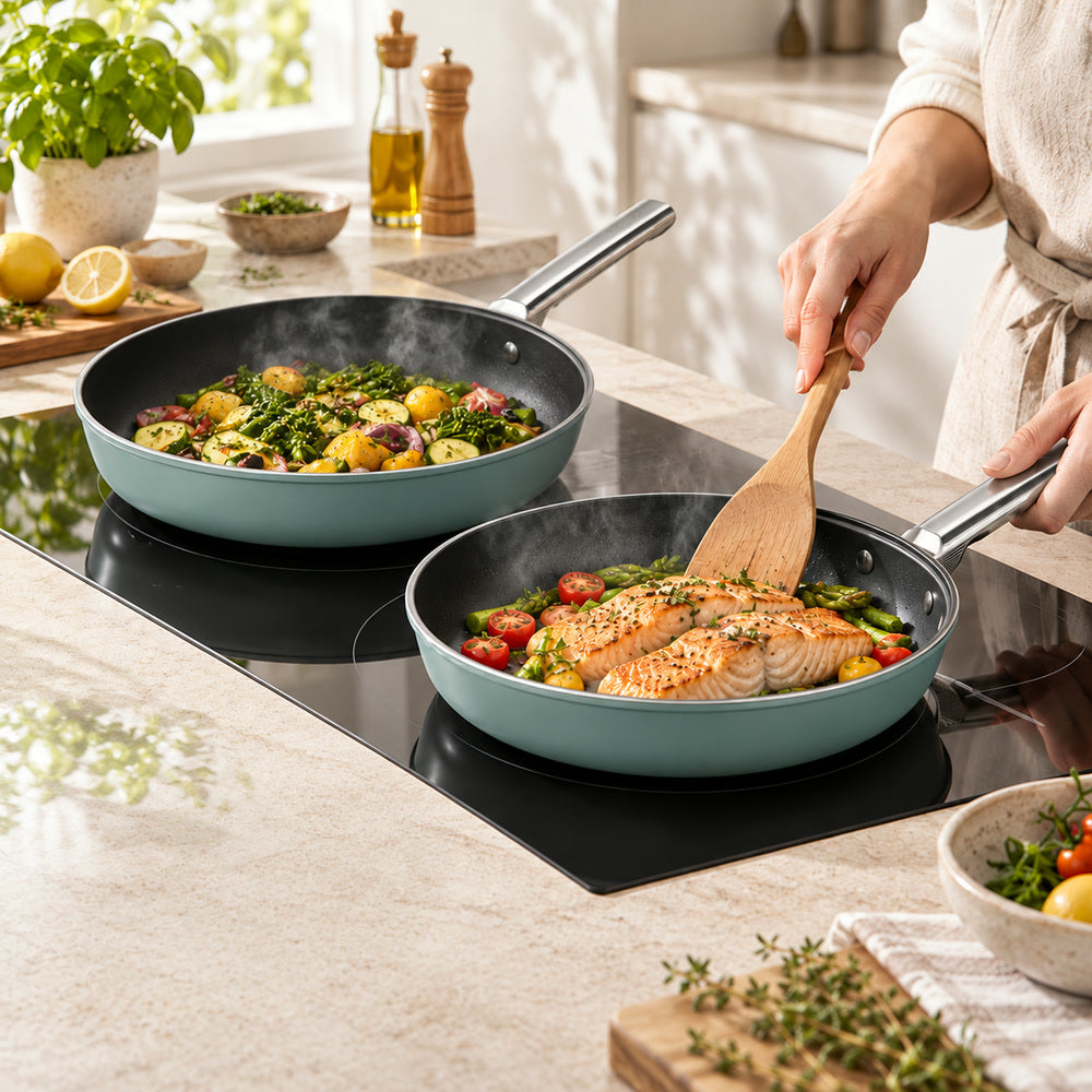 24-28 cm - Cookware Set Padelle Basse Rivestimento Ceramico In Alluminio - Set 2 Pz