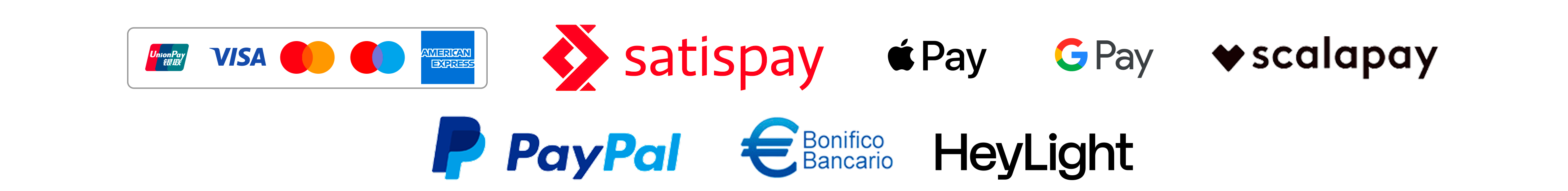 Logo vari di metodi di pagamento: Visa, Mastercard, American Express, Satispay, Google Pay, PayPal, Bonifico Bancario, Scalapay.