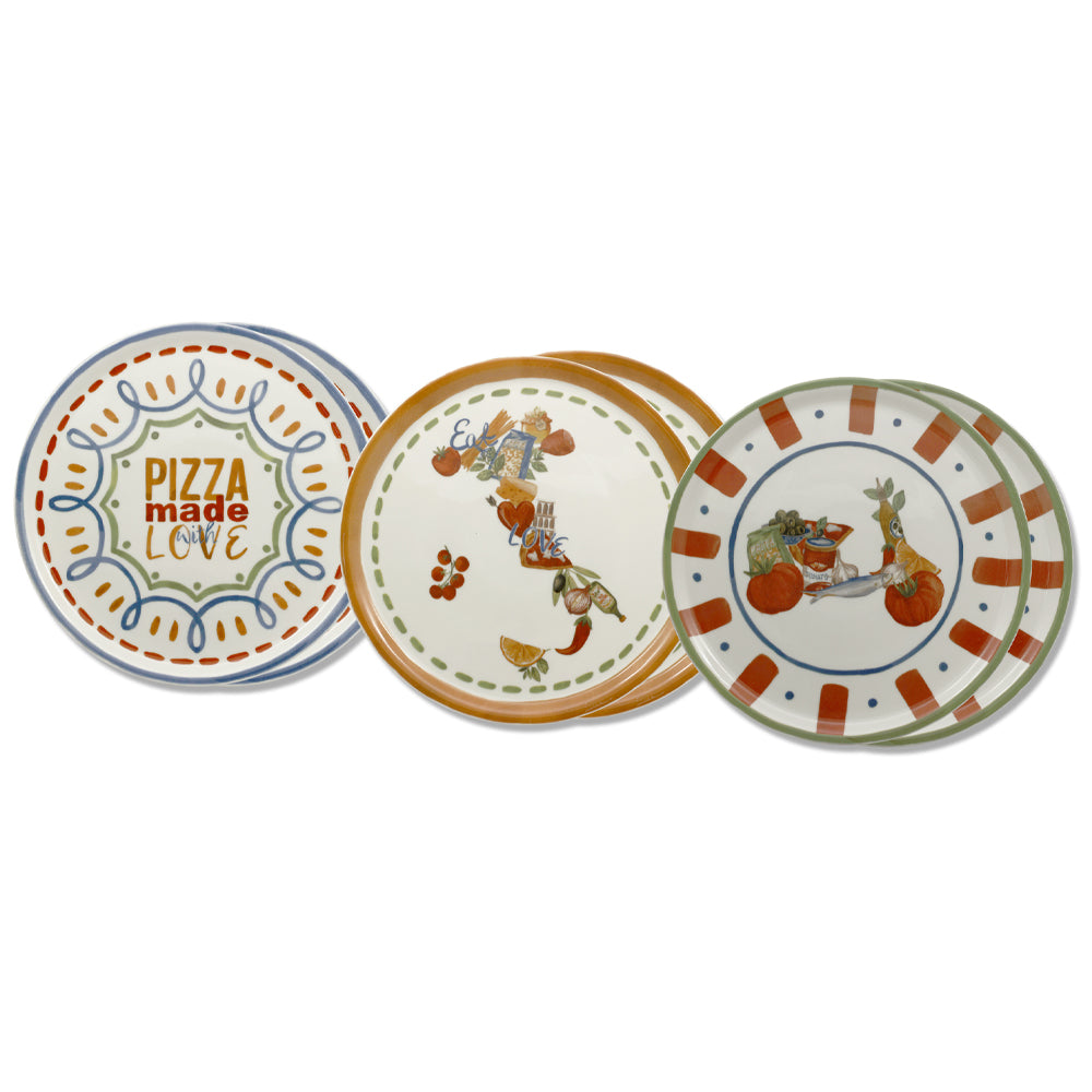 31 cm - Saturnia Pizza Handmade Piatto Pizza 3 Decori In Porcellana Set 6 Pz