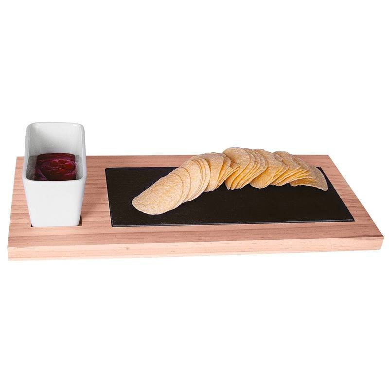 35X17 Cm Paderno Tableware Buffet And Display Vassoio In Legno Con Ciotole In Ceramica E Piano In Ardesia