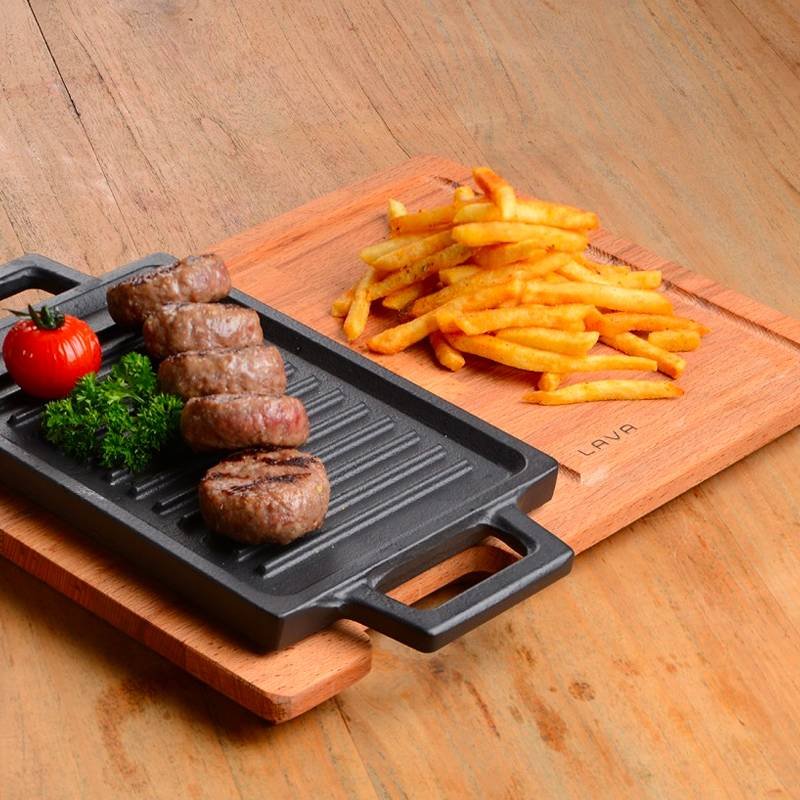 22X15 Cm Paderno Bistecchiera Grill Rettangolare In Ghisa Smaltata Con Supporto In Legno