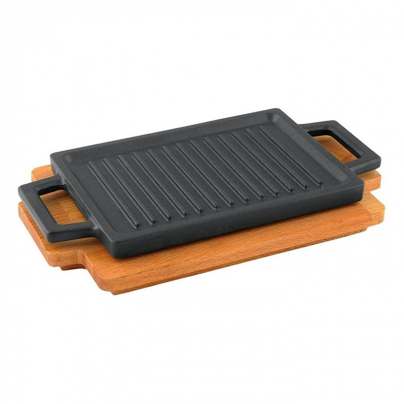 22X30 Cm Paderno Bistecchiera Grill Rettangolare In Ghisa Smaltata Con Supporto In Legno