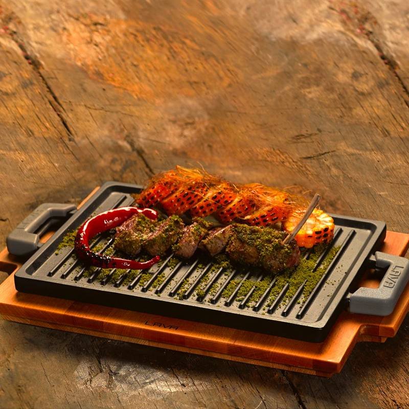 22X30 Cm Paderno Bistecchiera Grill Rettangolare In Ghisa Smaltata Con Supporto In Legno