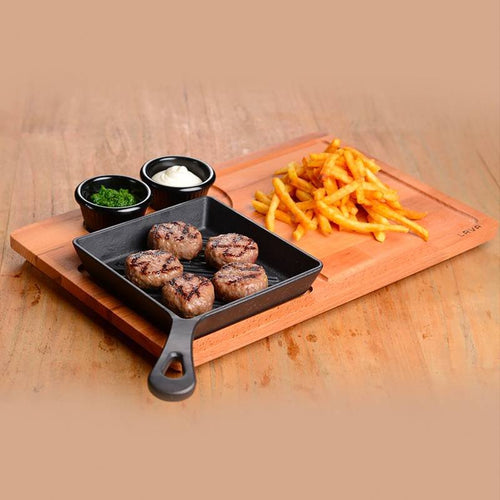 16x16 cm - Paderno Bistecchiera In Ghisa Con Supporto In Legno