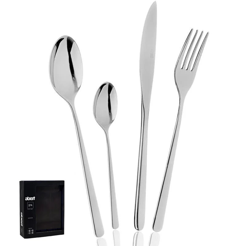 Porzellan-Tafelservice + Besteckset aus Edelstahl (Glanzfinish) + Glas-Set mit Dekor