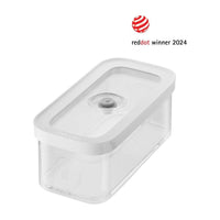 Contenitore rettangolare trasparente con coperchio bianco, materiale plastico, presenta un pulsante centrale e il logo ZWILLING.