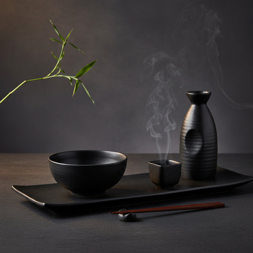 Set of 2 Rectangular Stoneware Trays + Sake Bottle + Stoneware Bowl