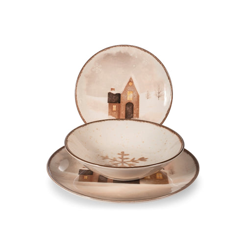 H&H Cinnamon Glows Servizio Piatti Decoro Natalizio In Stoneware Set 18 Pz