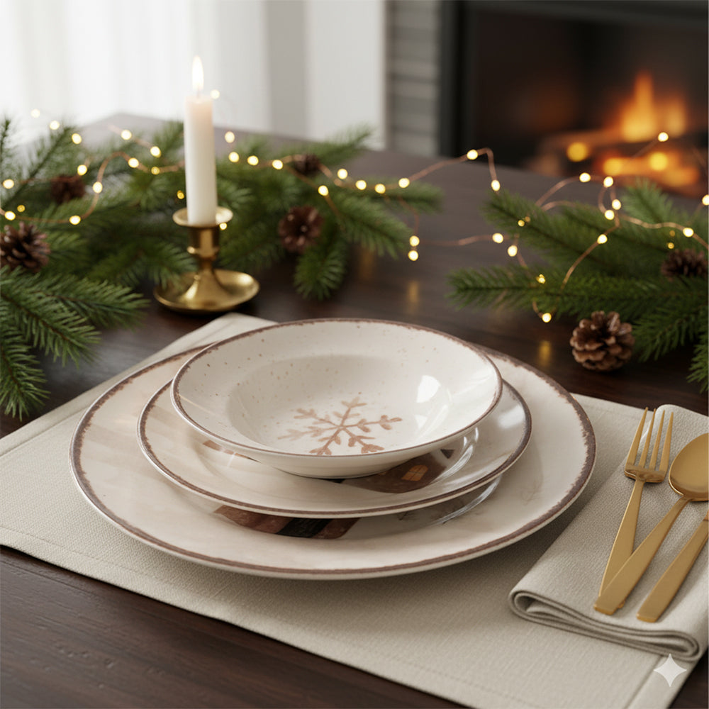 H&H Cinnamon Glows Servizio Piatti Decoro Natalizio In Stoneware Set 18 Pz