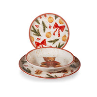 H&H Nordic Teddy Hugs Servizio Piatti Con Decoro Natalizio In Stoneware Set 18 Pz