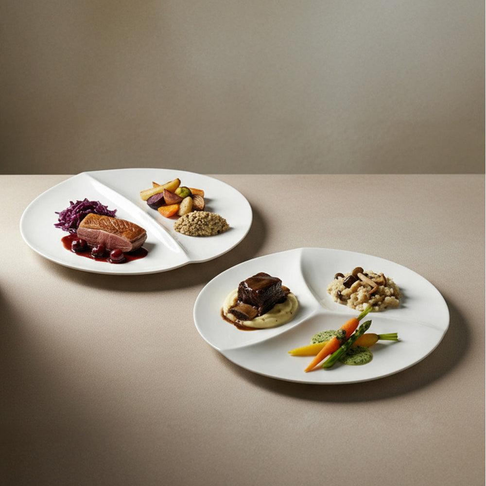 31.2 - Essentia Duo Piatto Presentazione 2 Scomparti In Porcellana Set 4 Pz