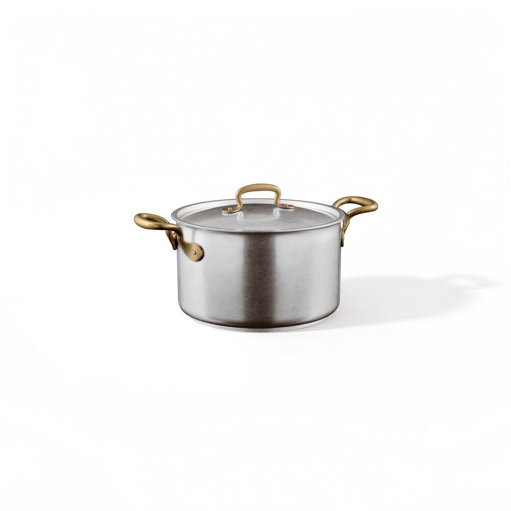 Sambonet 1965 Vintage Casseruola Alta Con Coperchio In Acciaio Inox Manici In Ottone
