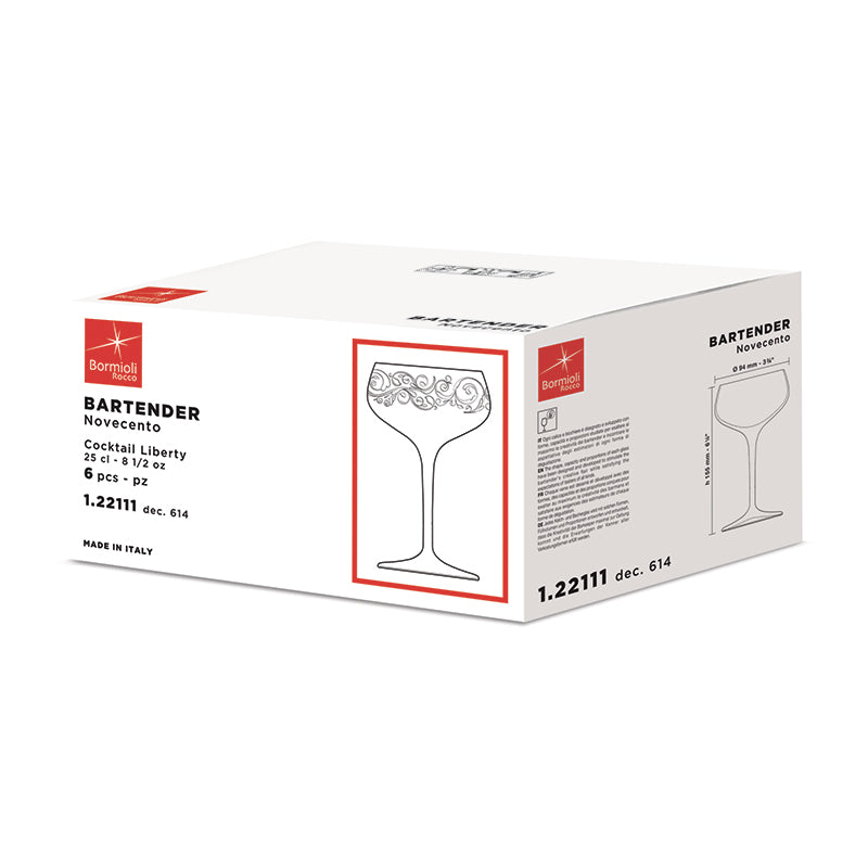 25 Cl Bormioli Rocco Bartender Novecento Calice Cocktail In Vetro Set 6 Pezzi