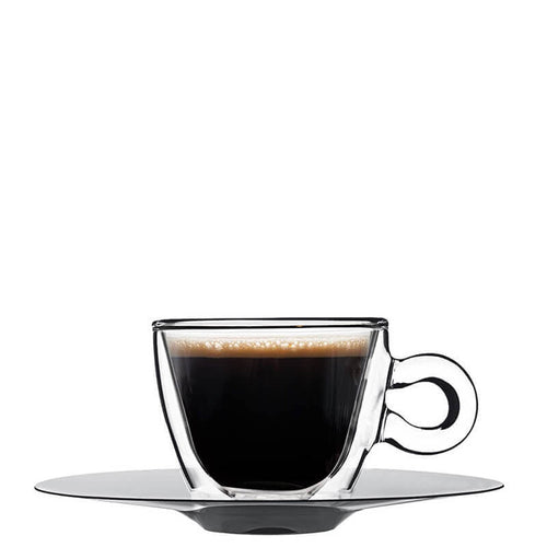 6.5 cl - Thermic Glass Tazza Caffé Espresso In Vetro Termico Con Piattino In Acciaio Inonx - Set 2 Pz